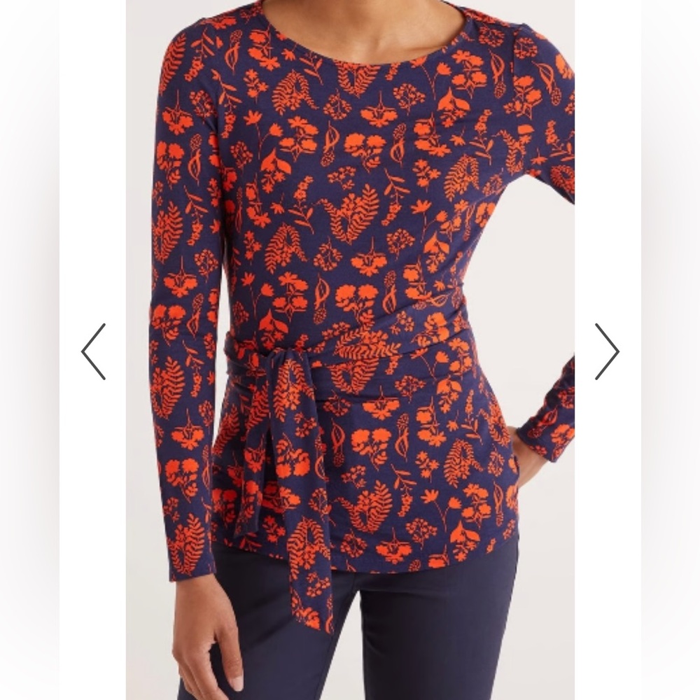 Boden Navy & Orange Floral Bernadette Jersey Long Sleeve Tie Waist Top Blouse